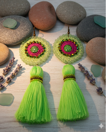 Háčkované dizajnové náušnice "Citrónová tráva"